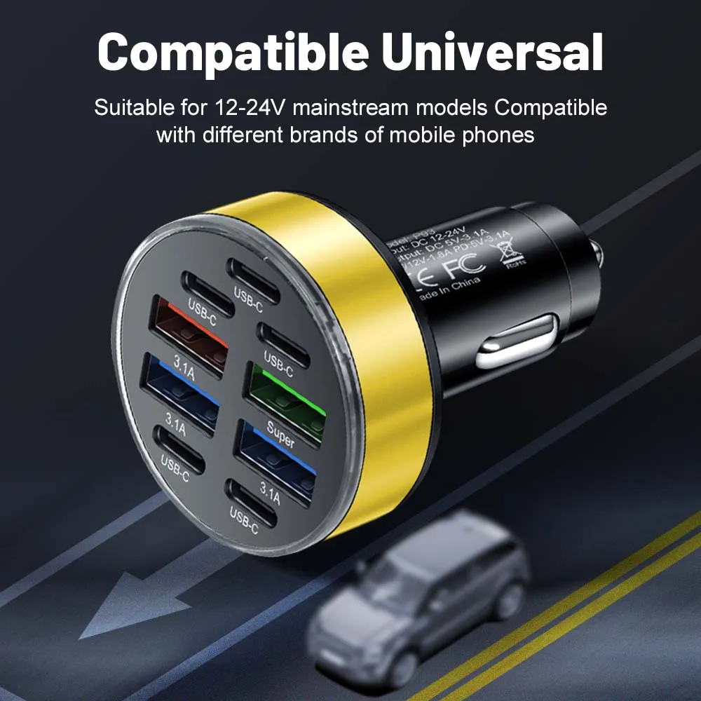 9 in 1 USB Car Charger Type C QC3.0 PD Car Chargers Phone Charger Adapter For iphone 15 14 Pro Max Samsung Xiaomi Huawei