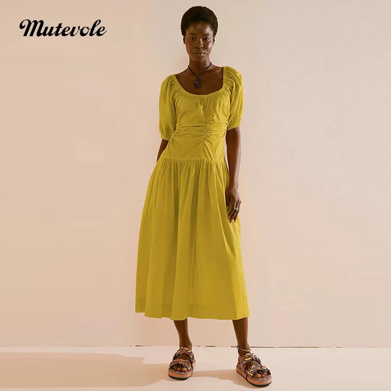 

Mutevole Summer Open Back Ruched a Line Midi Dress Women Lantern Short Sleeve Sexy Backless Dress