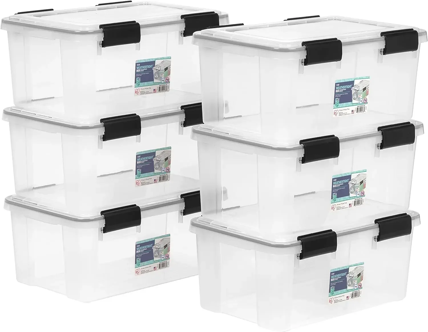 

USA 74 Quart Plastic Storage Box with Durable Lid and Seal and Secure Latching Buckles, Clear with Black Buckles, 2 Pack