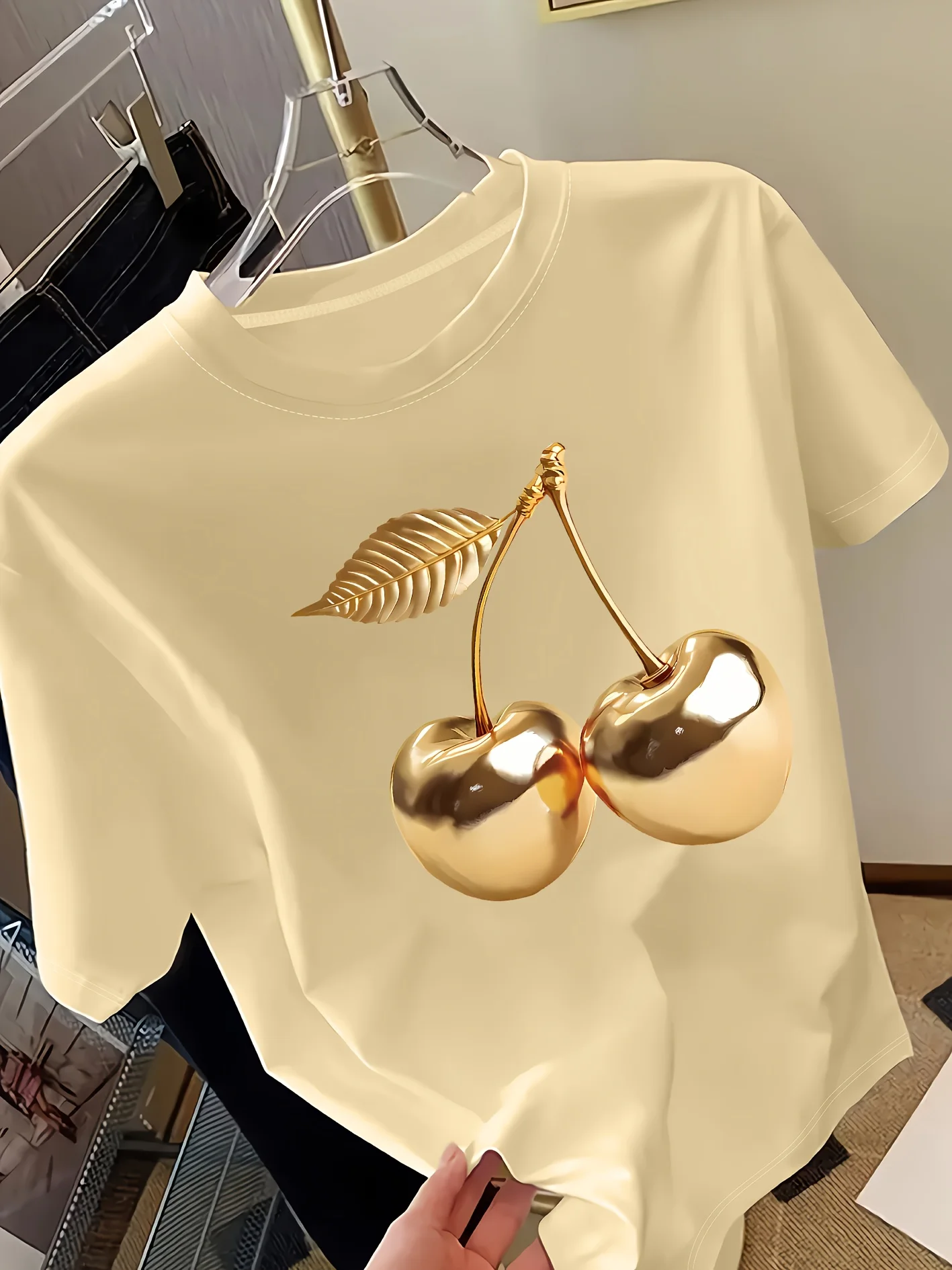Golden Cherry Print Women Short Sleeve T-Shirt Stylish Casual Tee a Sense of Elegance Versatile Top for Women Minimalist Design 1