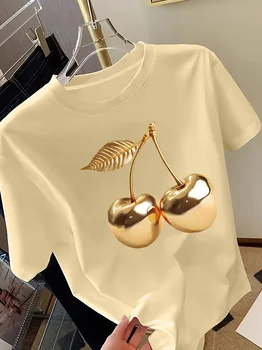 Golden Cherry Print Women Short Sleeve T-Shirt Stylish Casual Tee a Sense of Elegance Versatile Top for Women Minimalist Design 1