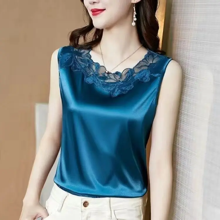Sf5a9f5f2d9c14739a9d066402c6679d2G Korean Silk Women Blouses Shirt Woman Satin Blouse Tops Women Satin Lace Embroidery Blouse Top Woman V-neck Printing Shirts Tops Mallzona