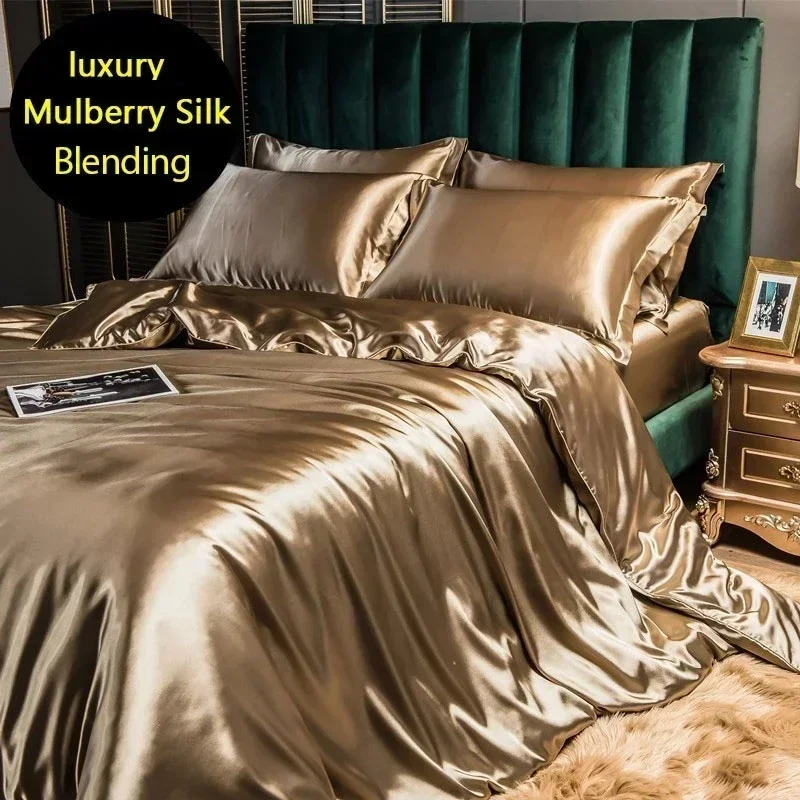

High-end Blending Natural Mulberry Silk Bedding Set Luxury Satin Silky Queen Size Duvet Cover Set with Sheets King Size Bed Set