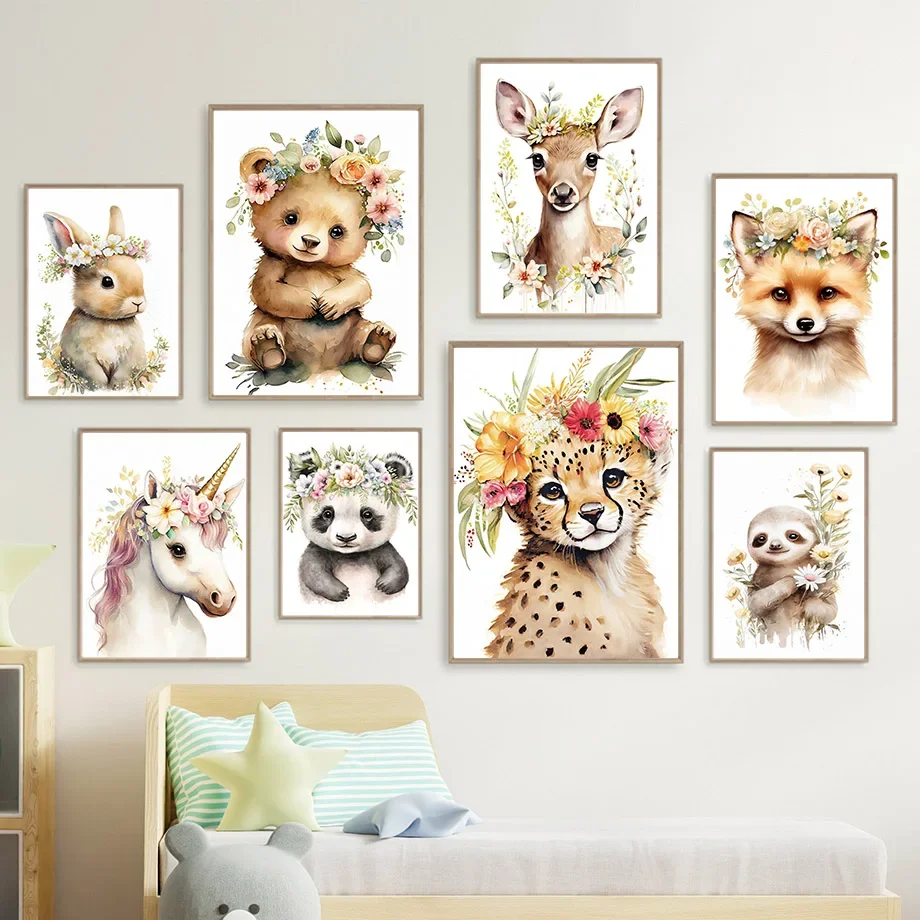 

Leopard Bear Deer Fox Unicorn Flower Nursery Wall Art Posters And Prints Canvas Painting Wall Pictures Baby Kids Room Home Decor