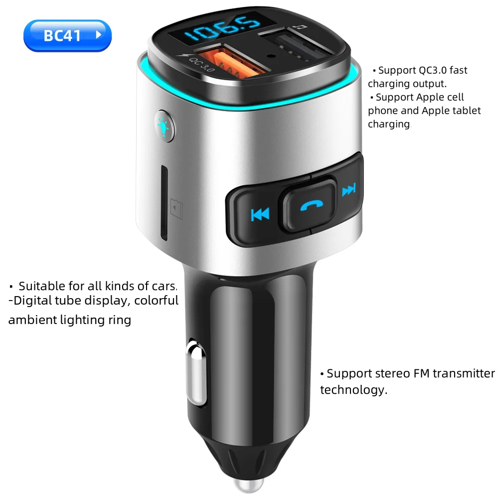 

Автомобильный Bluetooth MP3-плеер BC41 QC3.0 с быстрой зарядкой, автомобильный FM-передатчик, яркий цвет, внешний дисплей, цифровой трубчатый дисплей