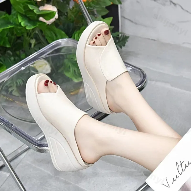 New Women Sandals Women Slippers Black Wedge Platform Open Toe Orthopedics Thick Bottom Beach High Heels Slides