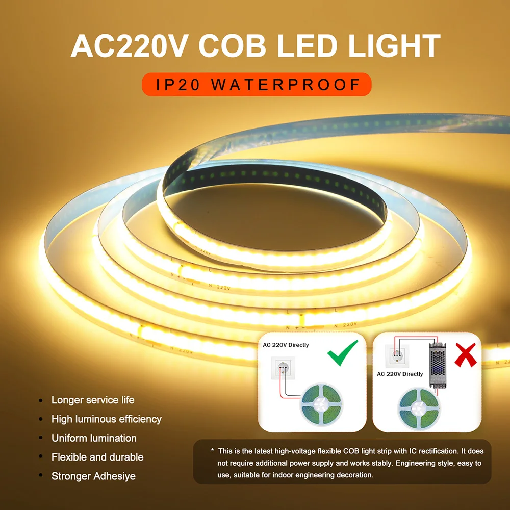 5m 10m 20m 50m COB LED Strip Light 220V Flex Tape Lamp with IC Chip High Bright 240 LEDs Linear Lighting RA90 Warm Natural White 5