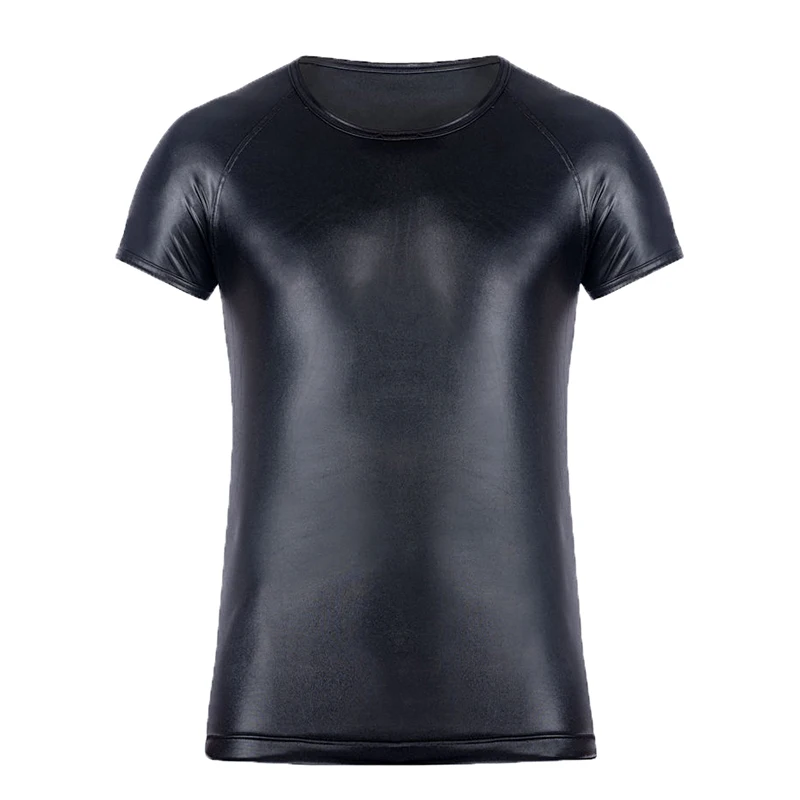 Suit Sexy Faux Leather Short Sleeve Tee T-shirt Tops Sex Gay Men Fetish Wear Undershirts Clubwear Costumes Party Clothing Shorts