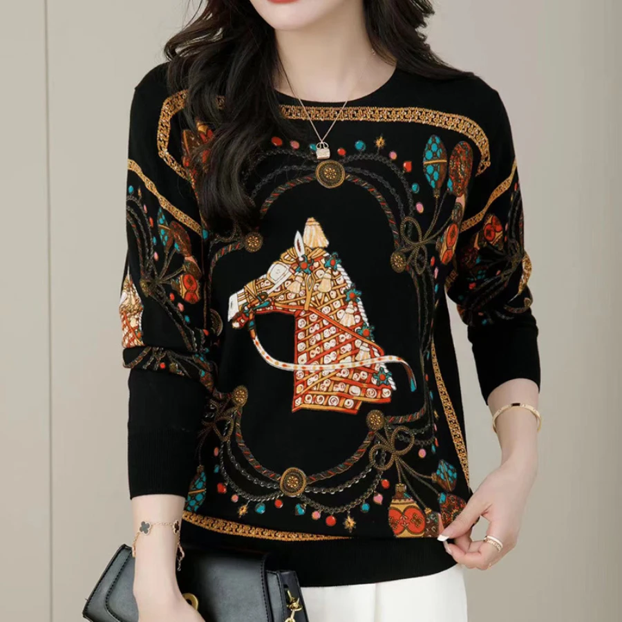 

New Women Knitted Sweater O-Neck Elegant Printted Tops Female Long Sleeve Jumper Loose Casual Knitted Pullove Women's clothing