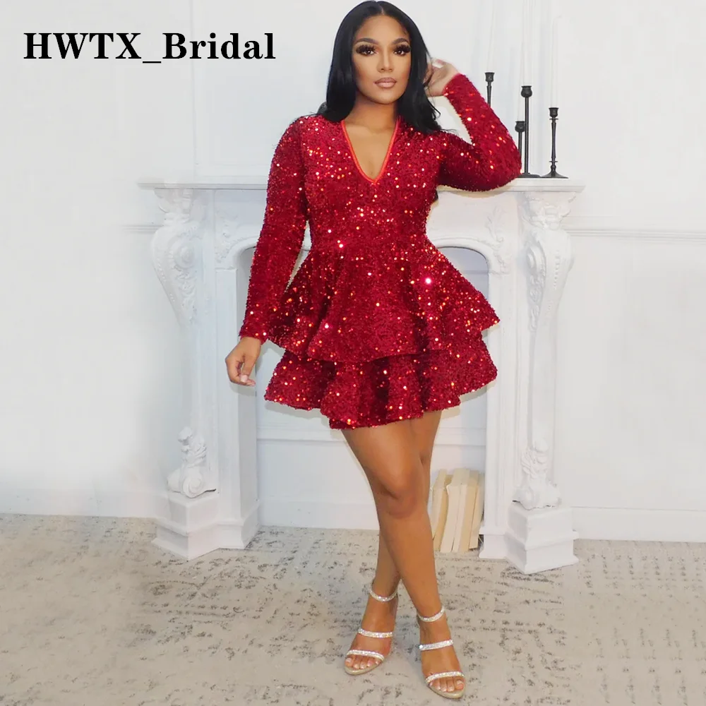 Lovely Short Red Prom Dresses African Black Girls Long Sleeves A Line