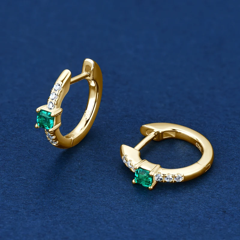 925 Sterling Silver Plated 14K Gold Ladies Hoop Earring 3x3mm Square Artificial Emerald Vintage Earrings for Women Jewelry Gift 4