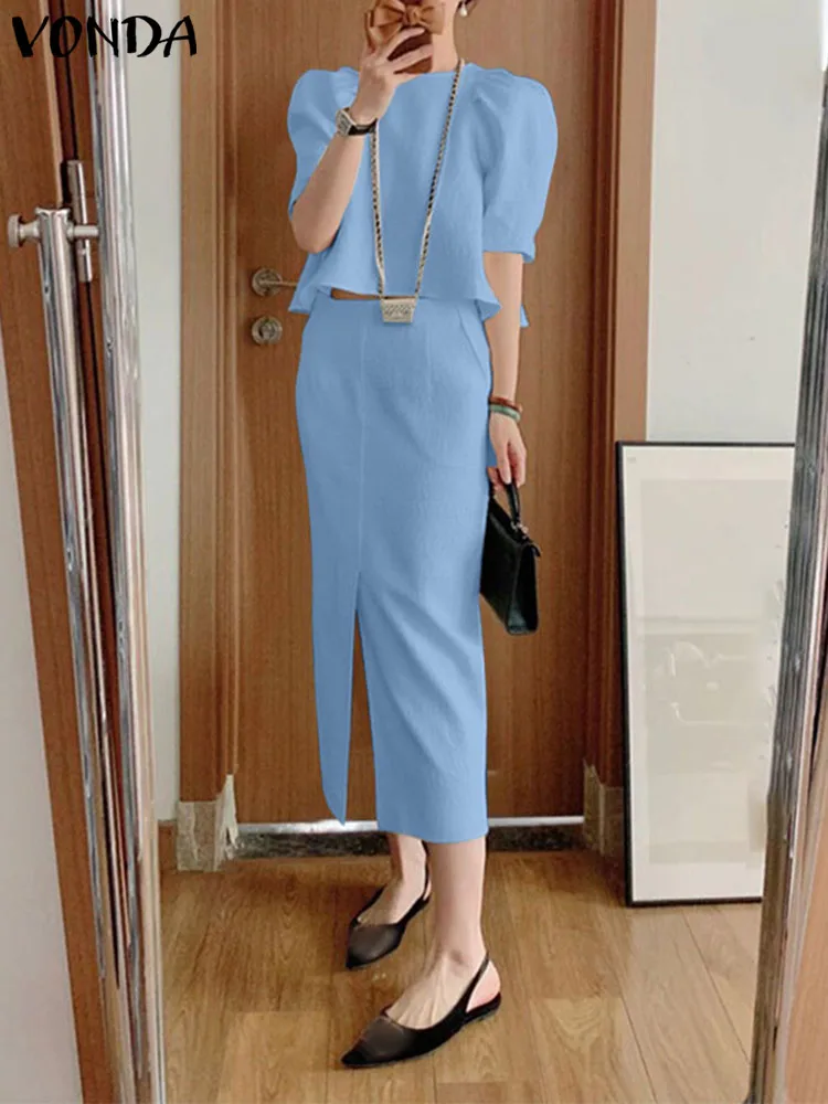 

VONDA 2023 Summer Women Dress Sets Short Sleeve Elegant Office Matching Sets Fashion Suits Puff Sleeve Tops + Casual Midi Skirts