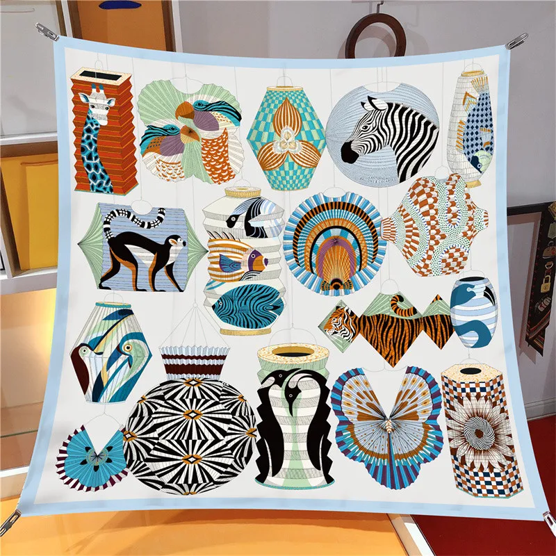 Luxury 90cm Twill Silk Checkered Horse Print Square Scarf Shawl