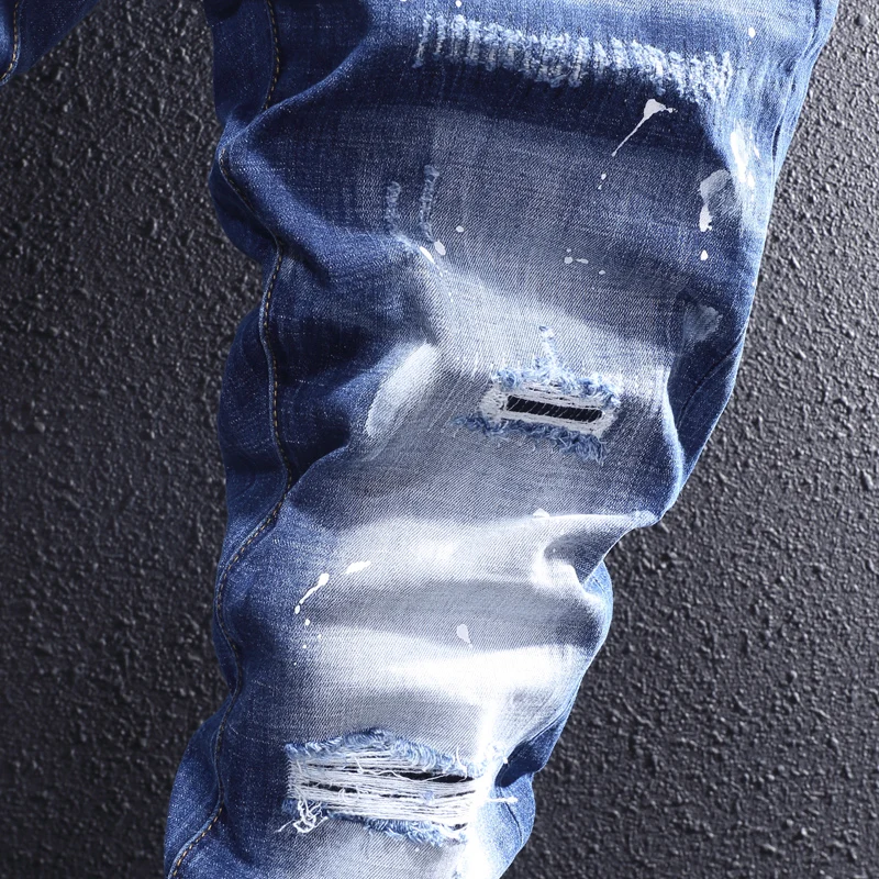 Fashion Designer Men Jeans Retro Blue Elastic Slim Stretch Ripped Jeans Men Painted Trousers Street Vintage Denim Pants Hombre
