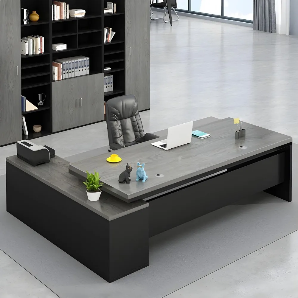 Office Desk with Wood Base, Executive Desks with Drawers and Storage Shelves, Without Chairs, Easy-to-use, Boss Table, 55.1"