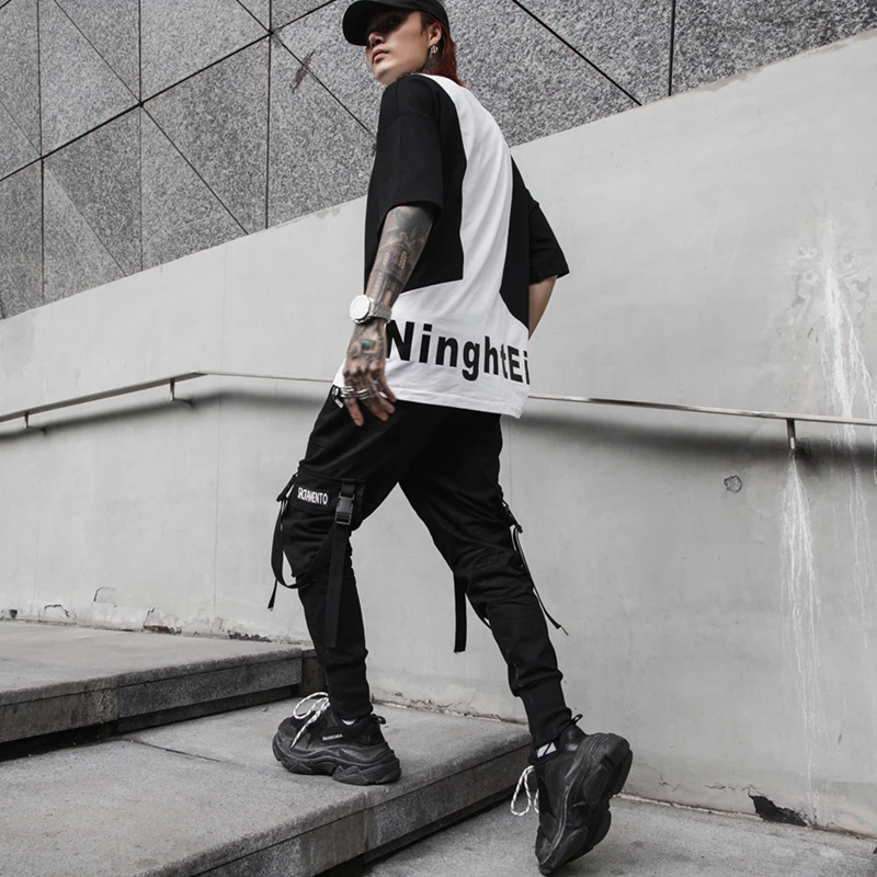 2024 New hip hop streetwear cargo ribbons pants men fitness