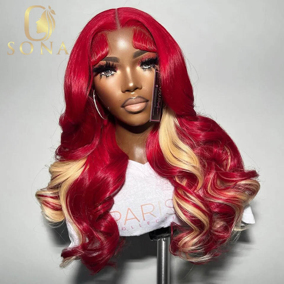 

Highlight Red Blonde 613 Color Body Wave 13x6 HD Transparent Lace Frontal Wig Burgundy Remy Human Hair Pre Plucked 32 34 inches