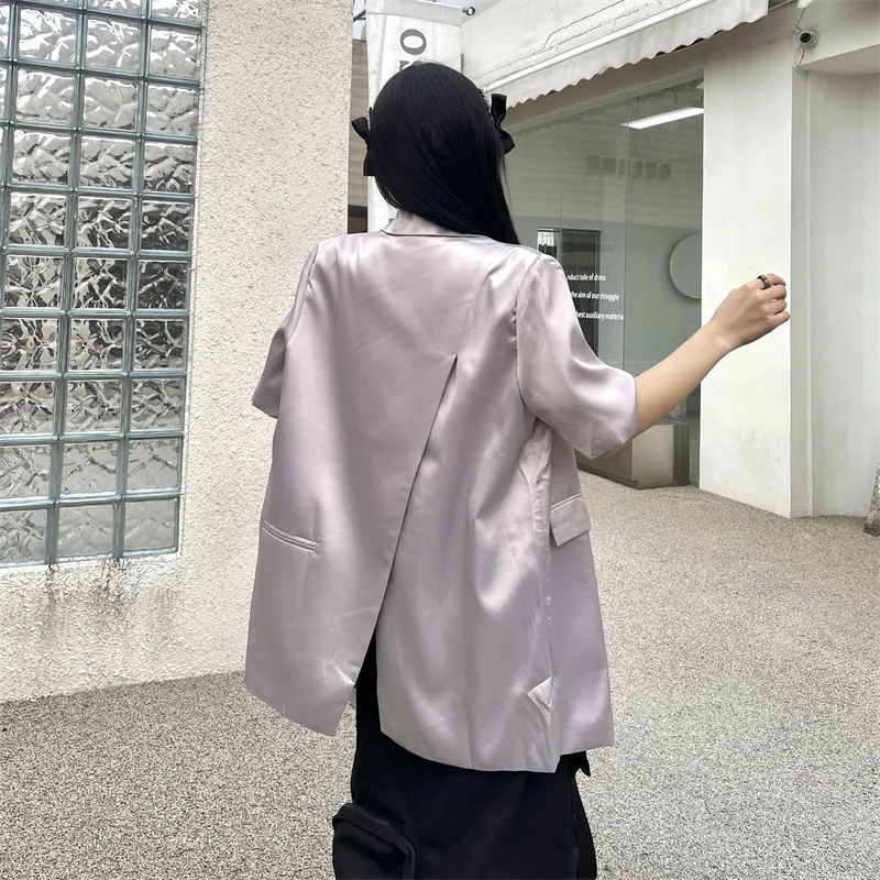 얇은 산성 실크 사이드 슬릿 짧은 소매 정장 재킷 여름 느슨한 맞는 캐주얼 서양식 의류 남성 여성을위한