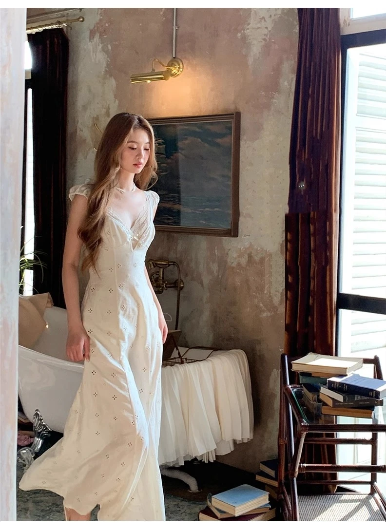 New Summer Hollow Out Midi Dress Women V-neck Vocation French Style White Dress Elegant Casual Korean Fashion Slim Vestidos 2025