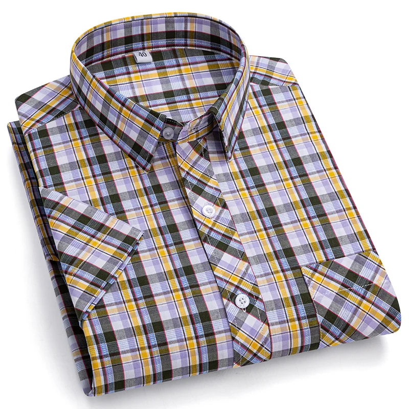 8XL 7XL 100% Cotton Plaid Shirts For Men's Short Sleeve Fashion Casual Design Soft Comfortable Cardigan Dress Shirt Blouse