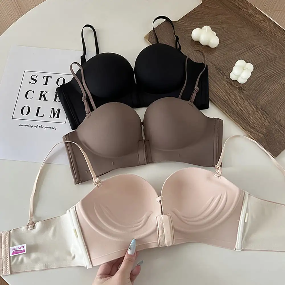 A Cup Small Breast Special Thickening Show Large Front Buckle Type Gathered Bra Bra Strapless Non-slip Back Underwear Female 2
