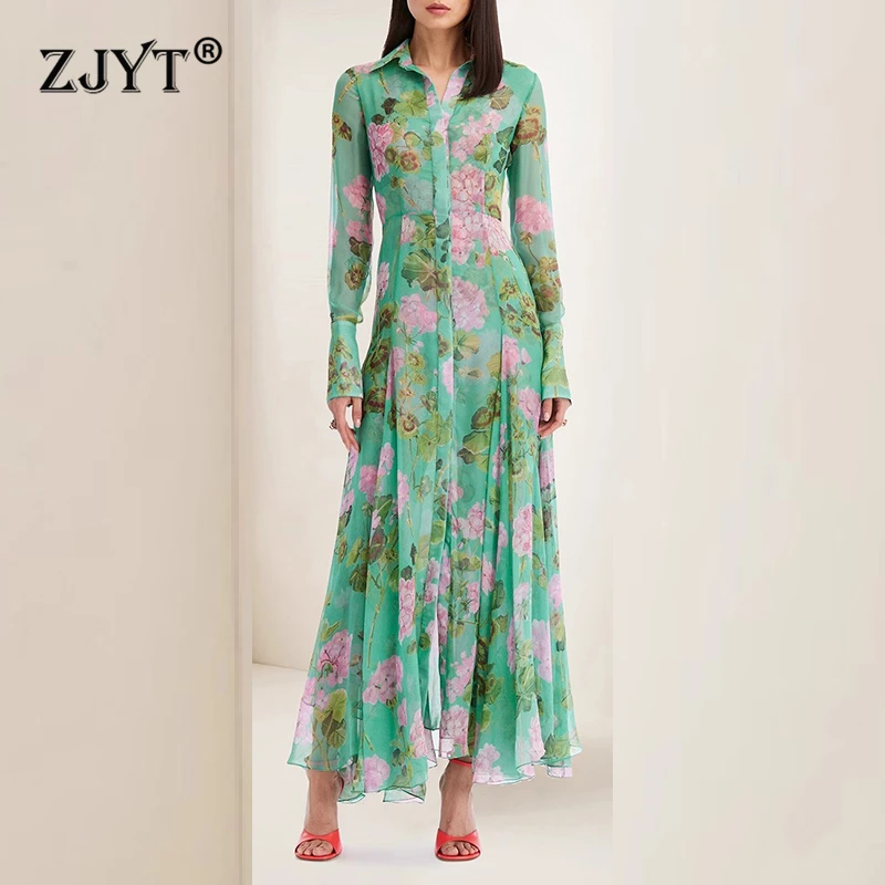 

ZJYT Green Floral Print Chiffon Long Dresses for Women Runway Designer Full Sleeve Single Breasted Vacation Dress Spring Summer