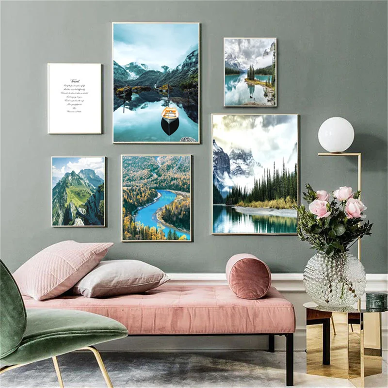 Nordic Mountain Mist Forest Landscape Canvas Picture Art Print Birch Lake Boat Poster Shopping Centro Commerciale Decorazione Murale