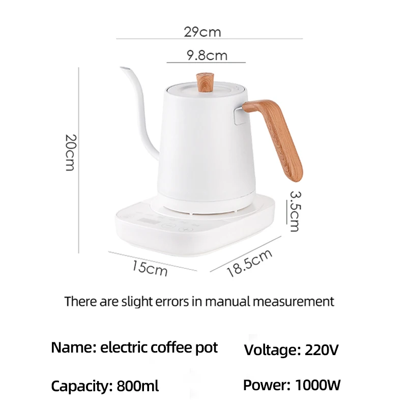 110V/220V Electric Coffee Pot 800ml Hot Water Jug Temperature-Control Heating Water Bottle Stainless Steel Gooseneck Tea Kettle 6