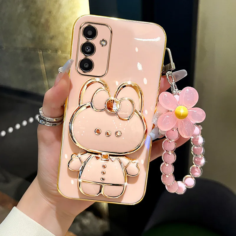 3D Rabbit Kickstand Electroplated Soft Wrist Flower Phone Case Cover