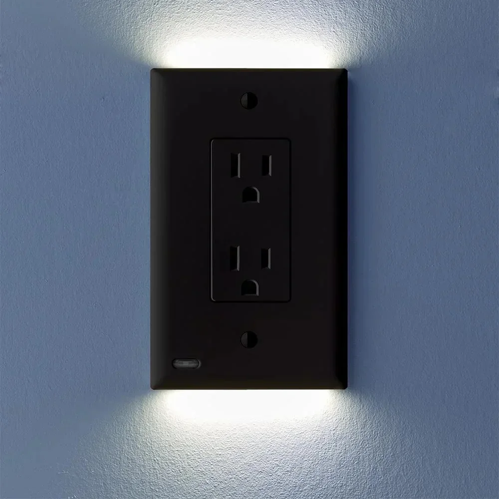 Duplex Electrical Outlet Cover Plugboard Plug-In Electrical Receptacle Wall Plate With LED Night Lights Up and Down- Auto Sensor
