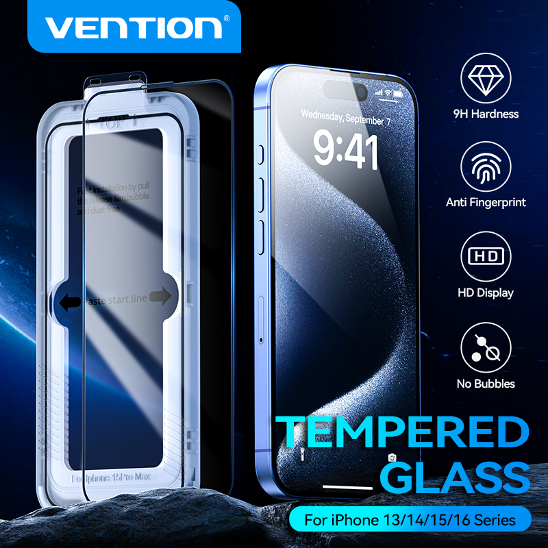 Vention HD Tempered Glass Screen Protector Oleophobic Coating Film With Dust-Free Installation Tool For iPhone 13-16Pro Max Plus