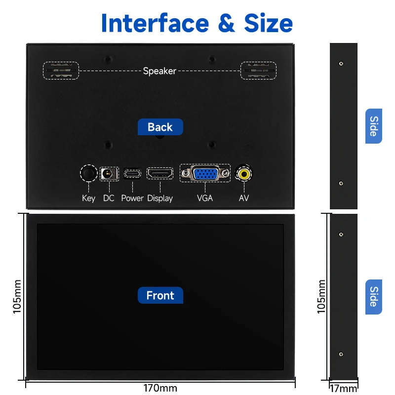 7 Inch Portable Display 1024x600 IPS Screen HDMI-compatible VGA AV Input Monitor for PC Laptop Camera TV Box RPI LCD