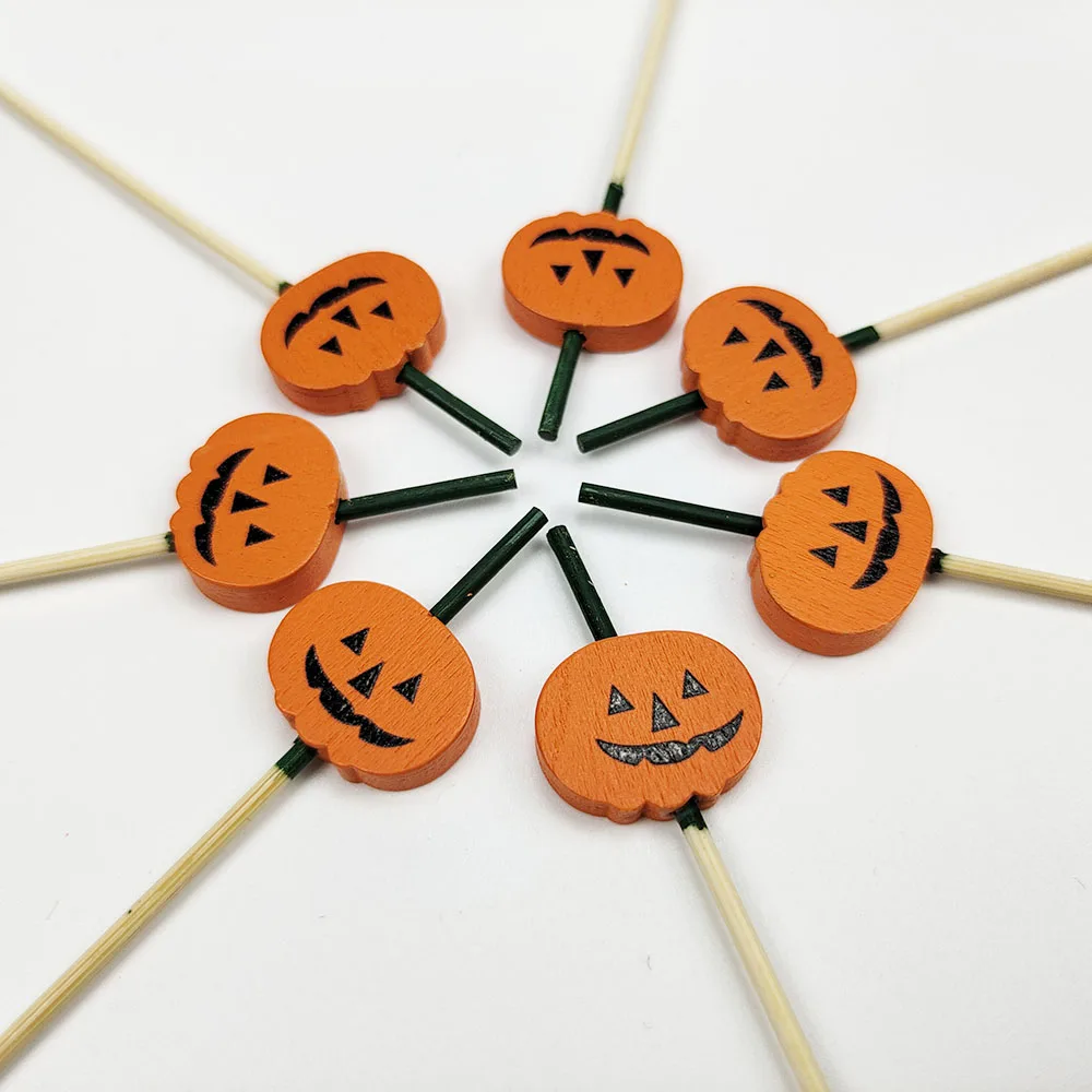 100 Stück Halloween Kürbis Bambus Spieße Obst Gabel Dessert Salat Gemüse Einweg Sticks Zahnstocher Spieß Halloween Dekor – Detail 20