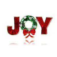 2025 New Christmas Red color "JOY" Letter Brooch（one piece） Enamel Wreath Bow Decor Fashion Daily Party Jewelry Accessory 6