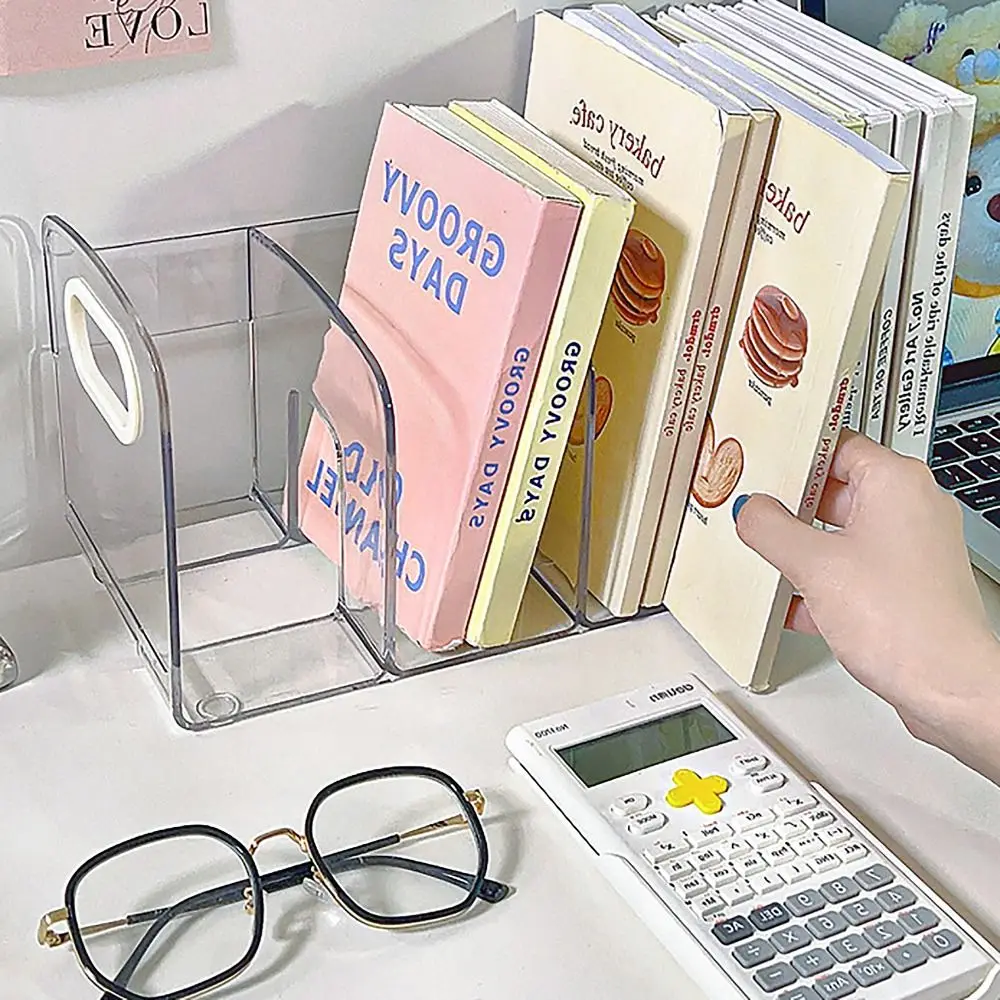 Clear Acrylic Bookends Desk Organizer Handle Desktop Sorting Rack Divided Book Stand Study Supplies