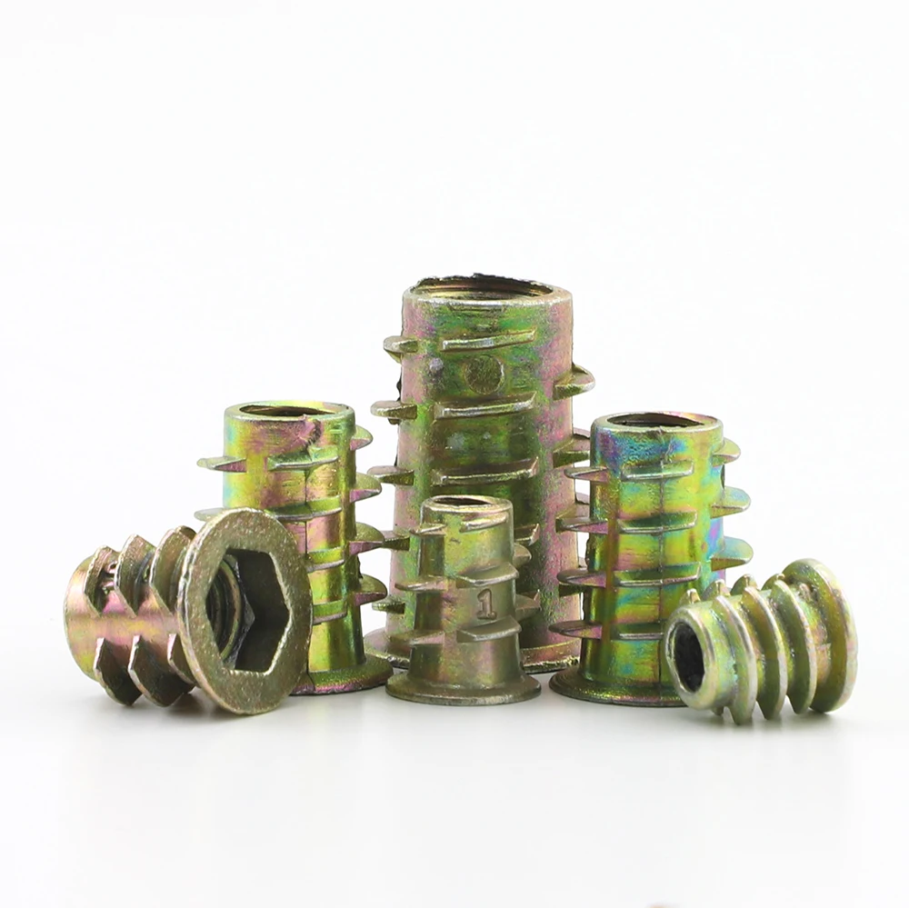 Thread Insert Nut for Wood Yellow Zinc M4 M5 M6 M8 M10 Flanged Hex Drive Head Furniture Nuts Connector 10/20/30pcs