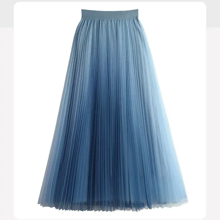 Spring Autumn Elastic Waist Temperament Elegant Pleated A-line Skirt Ladies Casual Fashion Gradient Mesh Skirts Women's Clothing