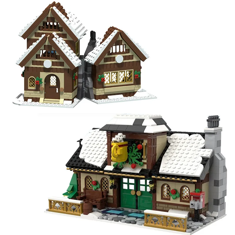 Moc Christmas Winter Village Cafety Building Holiday Cottage Strade Cape Renna Babbo Natale Blocks Kids Friend Toys
