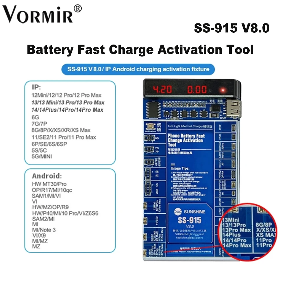 

SUNSHINE SS-915 V8.0 Universal Battery Activation Board For iPhone 14 13 12 11Pro For Huawei VOVI Activation Mobile Charge Tool