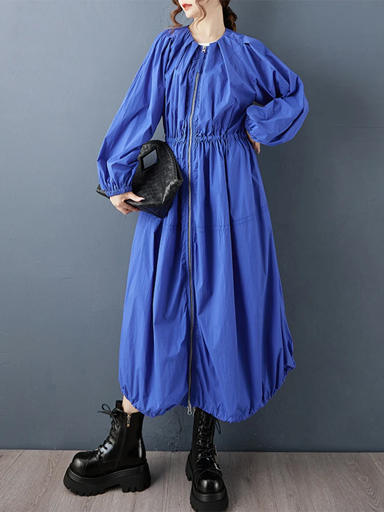 Blue Oversized Zipper Long Trench Coat For Women New Pleated Casual Loose Vintage Outerwear Cardigan Spring Autumn 2025