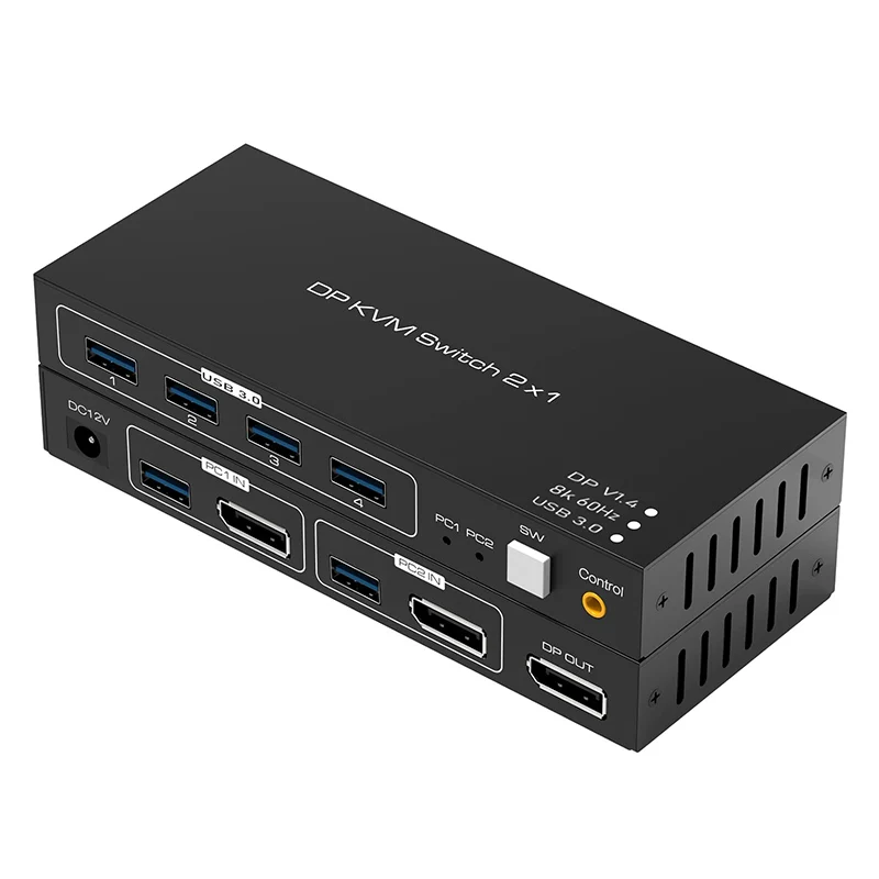 

8K@60HZ 2 Port DP KVM Switch with 4 USB 3.0 Port, 2 Computers Share 1 Monitors DP 1.4 PC Keyboard Mouse Switcher with USB Cable