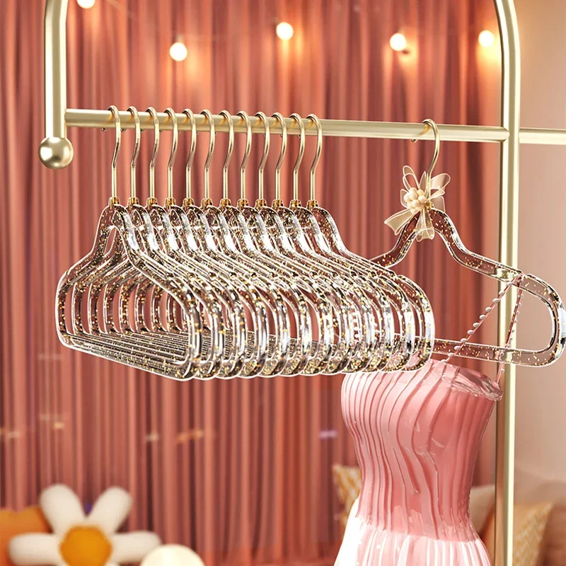 10PCS Acrylic Transparent Hanger Shiny Golden Powder Wardrobe Clothes Storage Organizer Household Non-slip Clothing Drying Rack