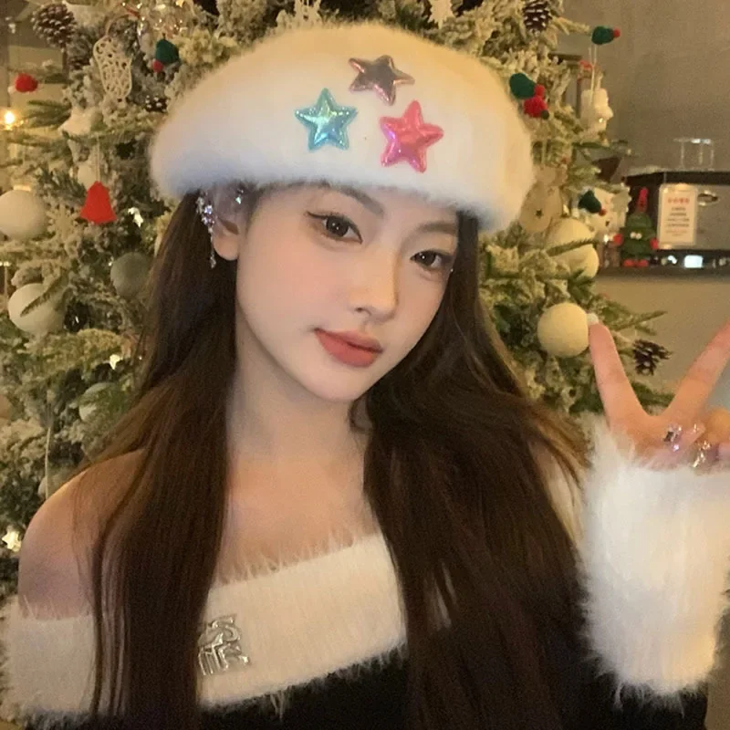

Korean version of Sweet Star Rabbit Hair Fashion Beret Women's Autumn and Winter Warmth Cute White Painter Hat Plush Face Showin