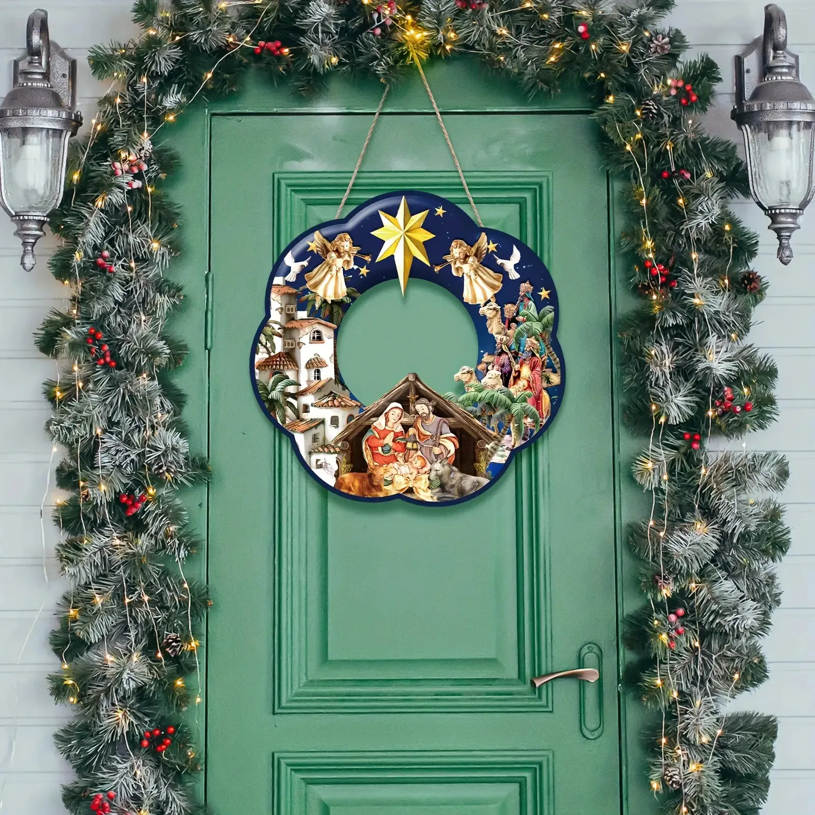 1pc 2D Flache Weihnachten Familie Kranz Dekoration Holz Krippe Tür Girlande Jesus Fenster Wand Hängen Party Dekoration – Detail 2