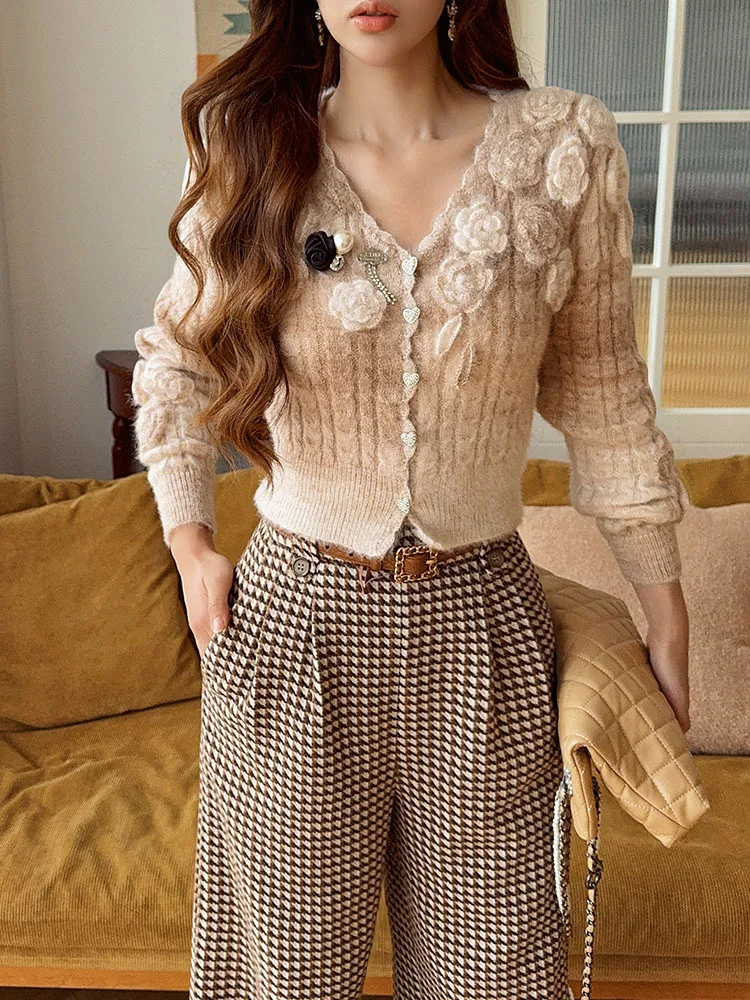 DABUWAWA Tree Dimensional Decoration Knitted Cardigan Hook Flower Hollow Sweater Womans Clothing V Neck Y2k Tops DM1DZK003 4