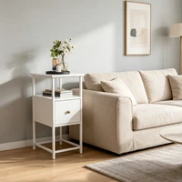 Table basse, table de chevet, table d'appoint, table à thé, avec une tiroir, avec éclairage LED, prise européenne, 60x30x62cm, pour salon, chambre à coucher, bureau. 4