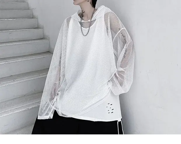 2024 Summer Dark Hollowed Out Mesh Hoodies T-shirt For Men Women Long Sleeves Loose Hooded Mesh Transparent Shirts