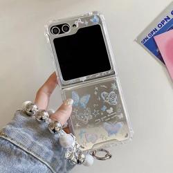 Charming Cartoon Butterfly Bracelet Mirror Wrist Chain Cover for Samsung Z Flip 4 (BlueHDSL)