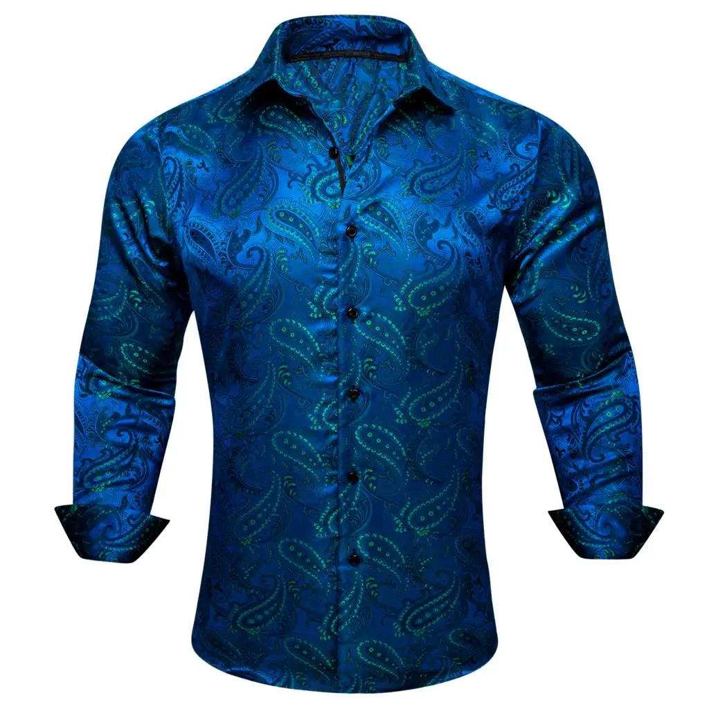 

Luxury Shirts for Men Silk Blue Paisley Long Sleeve Single Breasted Slim Fit Male Blouses Lapel Casual Tops Autunm Barry Wang
