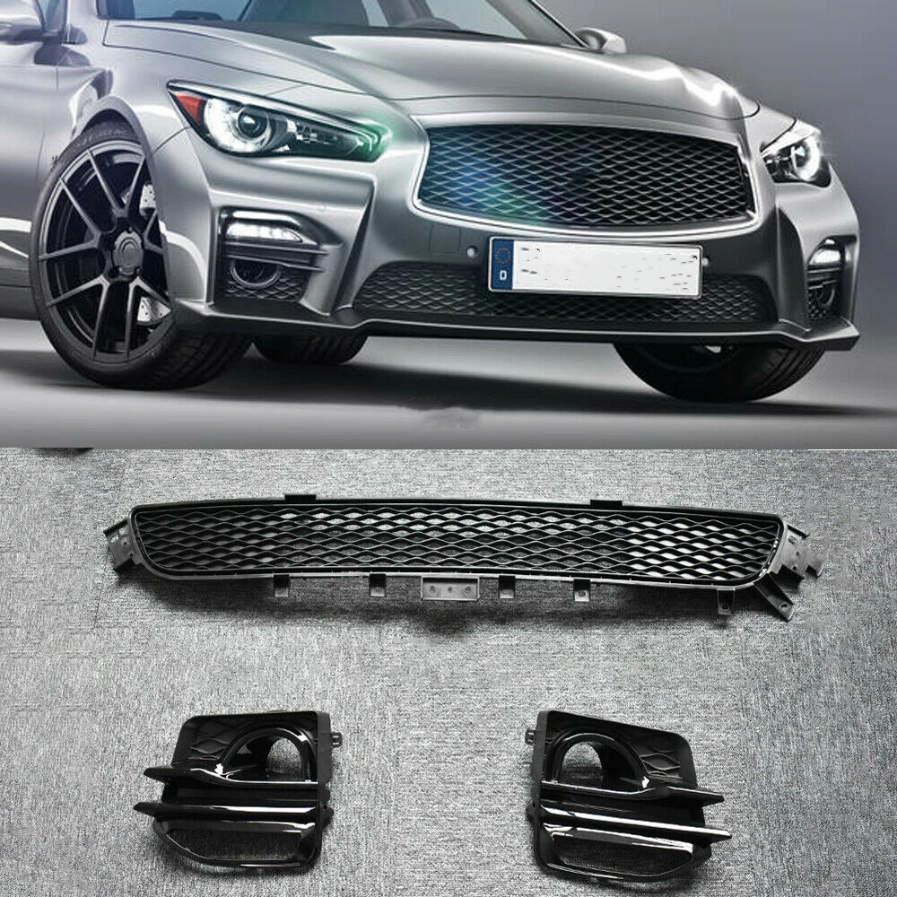 

Car Front Lower Grille Grill+Fog Light Lamp Cover For Infiniti Q50 2014-2017 M Sport Only Bumper Side Air Intake Vent Frame Grid